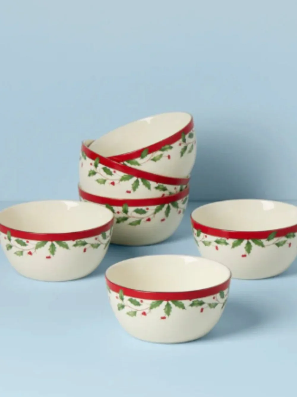 Lenox Holiday Accent Porcelain Dessert Bowls Classic Holly&Berry Motif Set of 6